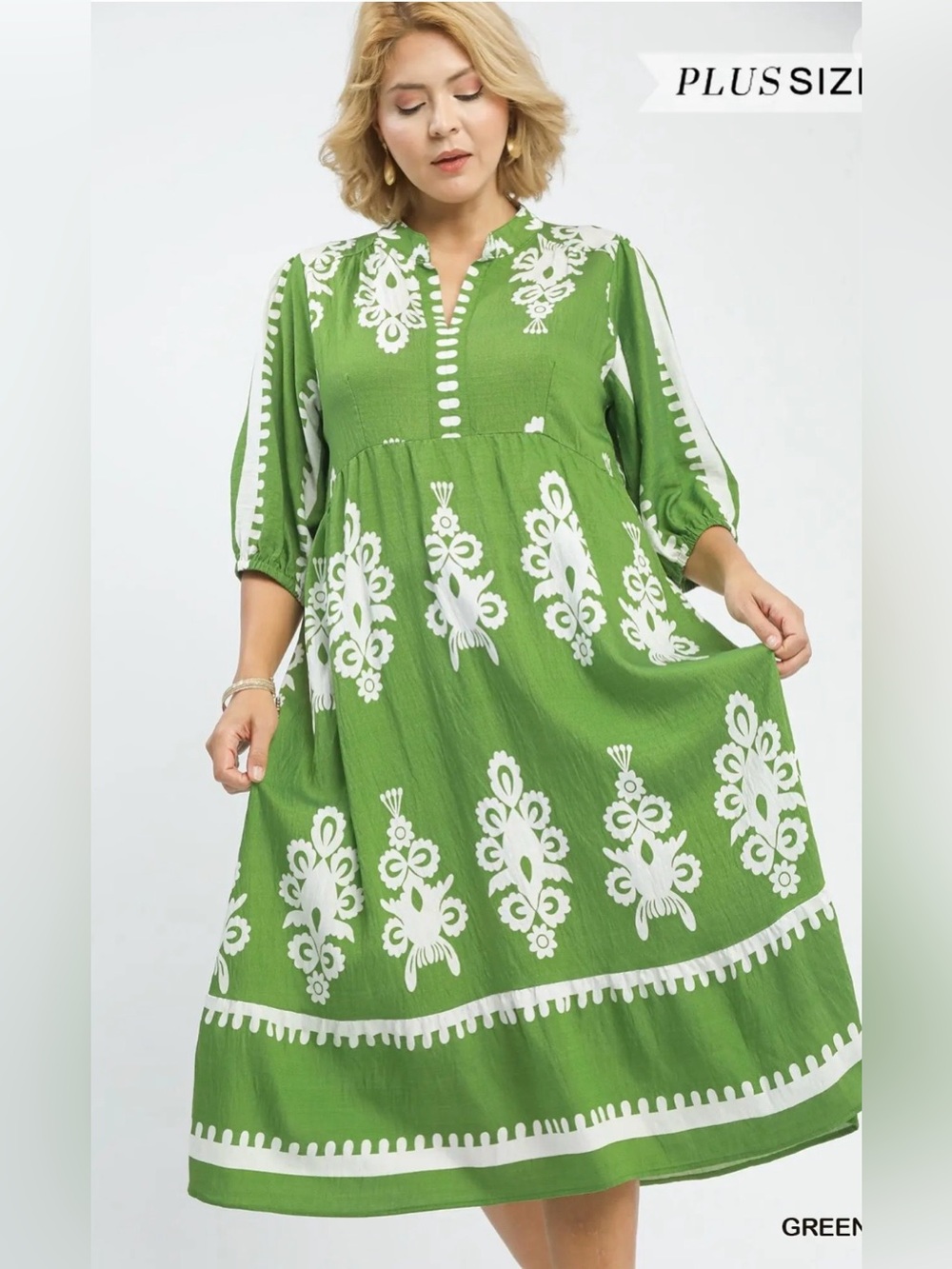 New! Umgee Plus Size Green Cream Abstract Midi Dress Size X Large
